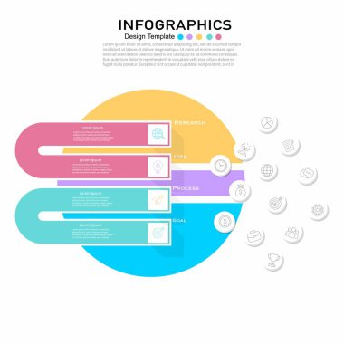 İş süreci, araştırma, fikir, süreç ve hedef sunumu için modern 4 adımlı dairesel bilgi tasarımı şablonu.