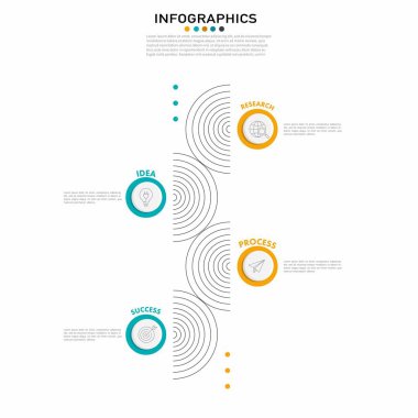 İş süreci için bilgi vektör şablonu, geliştirme adımları, başlangıç aşamaları veya yaratıcı iş akışı. Fikir, araştırma, süreç ve başarı simgeleri.