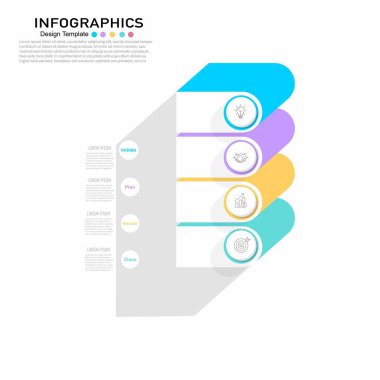 4 renkli adımlı vektör bilgi şablonu: Başlat, Planla, Çalıştır, Kapat. İş akışı, proje yönetimi aşamaları veya diyagram sunumu için mükemmel.