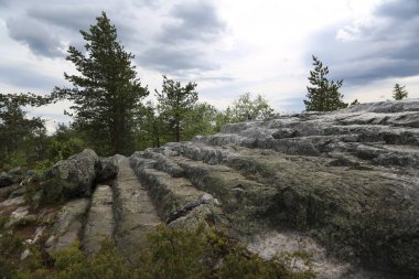 Doğal taştan terasları ve bulutlu gökyüzünün altında çam ağaçları olan kayalık bir arazi.