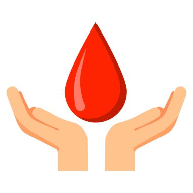 Büyük bir kırmızı kan damlası tutan eller bağışı simgeliyor.