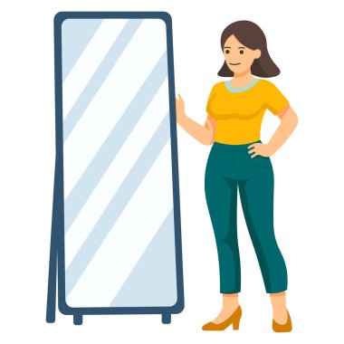 Genç bir kadın aynanın önünde dikiliyor.