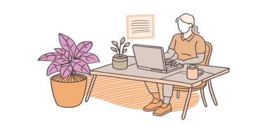 Evde dizüstü bilgisayarla çalışan bir kadın. Serbest çalışma konsepti. vektör çizgi film karakteri