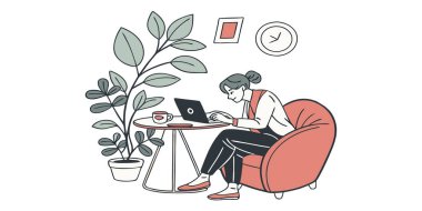 Dizüstü bilgisayarı ve akıllı telefonu olan genç bir kadın. vektör karikatür çizimi