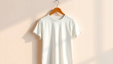 Açık arkaplanda beyaz tişört ve askı