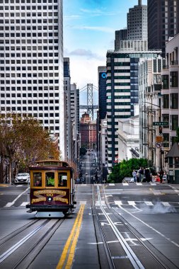 Downtown San Francisco View with Old Tram and Bridge