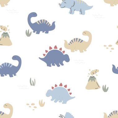 Çocuk dinozorlar çizgi film seti. Farklı türlerden ve renklerden sevimli otobur ve yırtıcı dinozorlar, tarih öncesi bitkiler. Beyaz arkaplanda izole