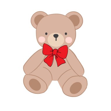 Kırmızı kurdele vektörlü oyuncak ayı. Beyaz arka plan vektöründe şirin bir oyuncak ayı.