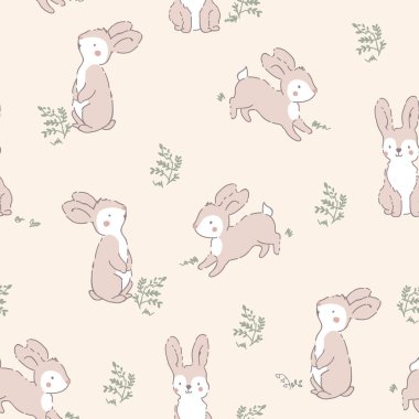 Tekstil, kupa, elbise, kumaş poster taşıyıcısı için arka planda kusursuz tavşan ve yaprak deseni.