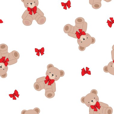 Sevimli oyuncak ayı desenleri pürüzsüz, vektör çizimi Çocuklar için şirin el çizimi ve yay ve ayı trend, bej vektör arka planı 