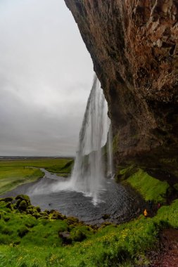 Seljalandsfoss Şelaleleri gri bir yaz gününde Seljalands Nehri 'ne akıyor, Güney İzlanda, İzlanda