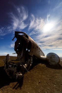 Solheimasandur Sahili, Güney İzlanda, İzlanda 'da uçak enkazı görüntüsü.