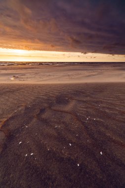 Kumlu bir sahilde, Curonian Tükürüğünün Üzerinde Altın Gün Batımı