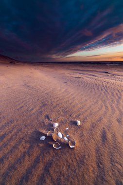 Kumlu bir sahilde, Curonian Tükürüğünün Üzerinde Altın Gün Batımı