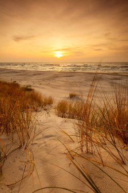 Curonian Spit, Baltık Denizi ve Litvanya üzerindeki kum tepelerinin üzerinde gün batımı