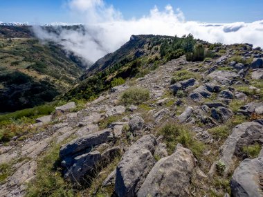 Portekiz, Madeira 'daki dramatik dağ manzarası, açık mavi gökyüzünün altındaki engebeli yeşil bir vadide alçak bulutlar akıyor. Rocky ön planda ve yemyeşil yamaçlar adaları vurgular vahşi volkanik arazi ve manzaralı yürüyüş yolları.