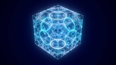 Üzerinde mavi noktalar ve çizgiler olan 3D fütüristik geometrik küp. Soyut kablo engelleme zinciri. Bilim geçmişi. Yapı teknolojisi ağ bağlantısı. Karanlık siber uzay arka planında bir yapay zeka. 3B görüntüleme.