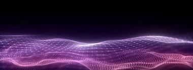 Dijital arka planda karanlık siber uzay. Soyut teknoloji mor dalga, hareket eden noktalar ve çizgiler. Bağlantı büyük veri. Fütüristik kablo dokusu. Ağ bağlantısını analiz et. 3B görüntüleme.