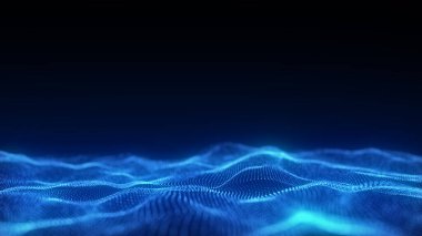 Hareketli parlak noktaları olan soyut teknoloji mavi dalga. Dijital arka planda karanlık siber uzay. Bağlantı büyük veri. Fütüristik kablo dokusu. Dinamik analiz bir ağ bağlantısı. 3B görüntüleme.
