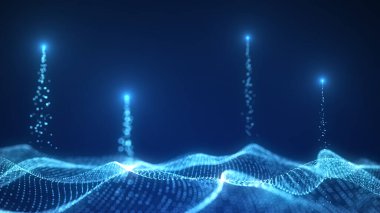Dijital arka planda karanlık siber uzay. Soyut teknoloji mavi dalga, hareket eden noktalar ve çizgiler. Bağlantı büyük veri. Fütüristik kablo dokusu. Ağ bağlantısını analiz et. 3B görüntüleme.