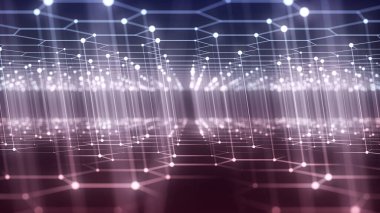 Hareket noktaları ve çizgileri olan soyut teknoloji renkleri altıgen ızgarası. Dijital arka planda karanlık siber uzay. Dinamik siber altıgen örgüsü. Tıbbi zemin. Fütüristik kablo dokusu. 3B görüntüleme.