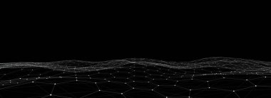 Hareket noktaları ve çizgileri olan soyut vektör teknolojisi siyah altıgen dalgası. Dijital arka planda karanlık siber uzay. Dinamik siber altıgen örgüsü. Tıbbi zemin. Fütüristik kablo yapısı.