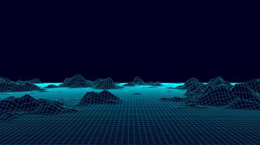 Arka planda soyut mavi dağlar. Dünya gezegeninin 3 boyutlu topoğrafya haritası. Çizgileri ve noktaları olan vektör ızgara manzarası. Dalga bölgesinin siber perspektif ağı. Dijital topografik kavramı.