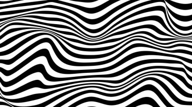Optik illüzyonun vektör deseni. Siyah ve beyaz çizgilerle hareket eden bir dalga. Operasyon sanatı. Soyut bozulma dokusu. Çizgili arka plan. Psikedelik çizim.