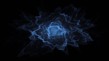 Hareketli parlak noktaları olan soyut teknoloji mavi dalga. Sanal gerçeklikteki yapay zeka dijital arkaplanda. Parçacık patlaması. Kablo yapısı. Dinamik analiz bir ağ bağlantısı verisi.