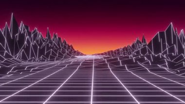 Yıldızlı gökyüzünün arka planındaki soyut retro dağları. Dünya gezegeninin 3 boyutlu topografik haritası. Çizgiler ve noktalarla örülü bir manzara. 80 'ler ve 90' lar tarzında gelecekçi dijital kablo döşemesi.