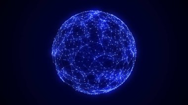 Uzayda fütürist mavi bilim kurgu dünyası. Teknoloji ağ bağlantısı etrafında büyük veriler oluşturur. Parçacıklı dijital ai arkaplan. Soyut çerçeve topu. Üç boyutlu kablo geometrik küre. 3B görüntüleme.