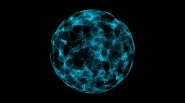 Uzayda geleceğin mavi bilim kurgu küresi. Teknoloji ağ bağlantısı etrafında büyük veriler oluşturur. Parçacıklı dijital ai arkaplan. Soyut çerçeve topu. 3B kablo geometrik küre.