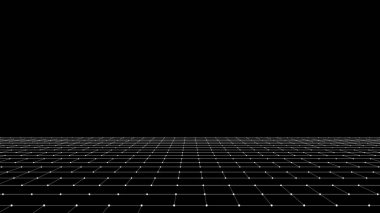 Teknoloji perspektifi sonsuzlukta. Çizgileri olan soyut dijital kablo tabanı. Yeşil ağlı geleceksel doku deseni. Dijital bir arkaplan. Döşeme resimlemesi.