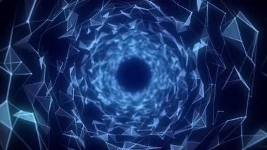 Uzayda gelecek bilimkurgu dairesi portalı. Noktalı ve çizgili 3D mavi ai tüneli. Soyut dijital solucan deliği verisi. Huni parçacıkları halinde akın. Karanlık arka planda fantezi dairesi girdabı. 3B görüntüleme.