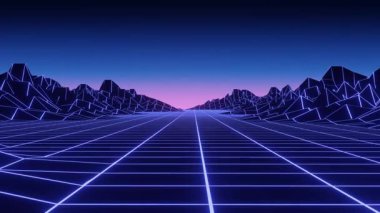 Yıldızlı gökyüzünün arka planındaki soyut retro dağları. Dünya gezegeninin 3 boyutlu topografik haritası. Çizgiler ve noktalarla örülü bir manzara. 80 'ler ve 90' lar tarzında gelecekçi dijital kablo döşemesi.