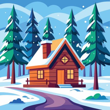 Sonsuza dek yeşil ağaçların arasında yuva yapmış rahat bir kış kulübesi.