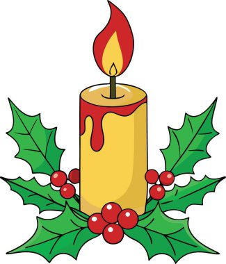 Parlak sarı bir mum, kutsal ve kırmızı meyvelerle süslenmiş.