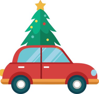Kırmızı bir araba, çatısında süslü bir Noel ağacı taşıyor.