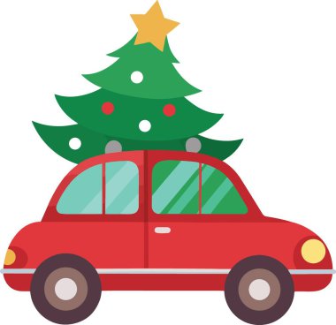 Kırmızı bir araba, çatısında süslü bir Noel ağacı taşır.