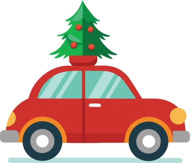 Kırmızı antika araba, süslü bir Noel ağacını neşeyle eve taşıyor.