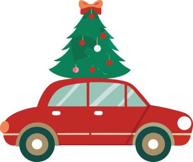 Kırmızı bir araba mutlu bir şekilde çatısında süslü bir Noel ağacı taşır.