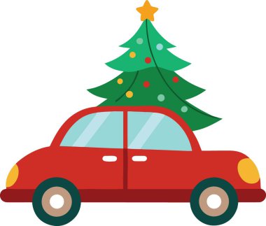 Kırmızı bir araba neşeyle çatısında süslü bir Noel ağacı taşır.