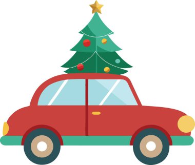 Kırmızı bir araba neşeyle çatısında süslü bir Noel ağacı taşır.