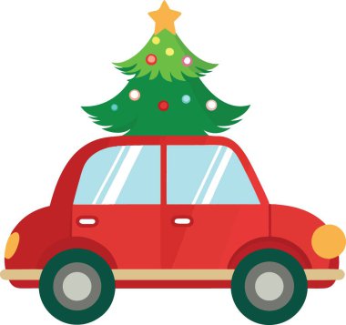 Kırmızı bir araba neşeyle çatısında süslü bir Noel ağacı taşır.