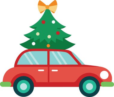 Kırmızı bir araba neşeyle çatısında süslü bir Noel ağacı taşır.