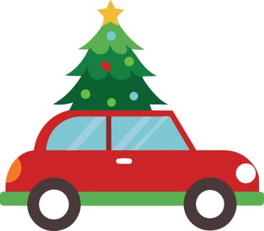 Kırmızı bir araba, çatıda süslü yeşil bir Noel ağacı taşır.