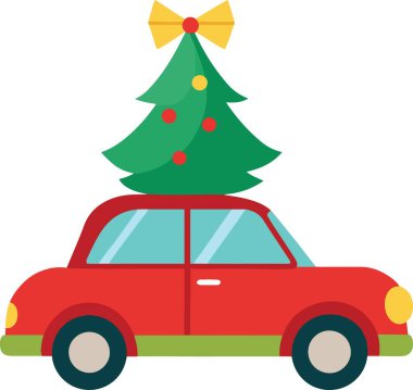 Kırmızı araba, süslenmiş bir Noel ağacını taşıyor.