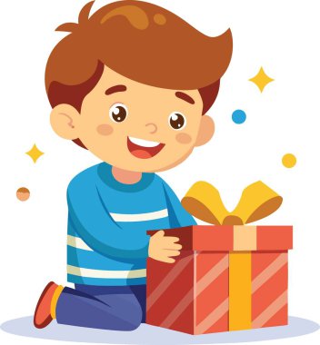 Mutlu genç çocuk neşeyle paketlenmiş bir hediye kutusunu açıyor.