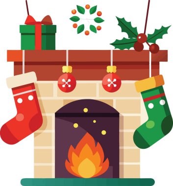 Noel için şömine resimlerinde çoraplar, hediyeler ve Noel süslemeleri var.