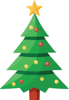 Altın yıldızlı ve renkli süslemeli basit bir yeşil noel ağacı.